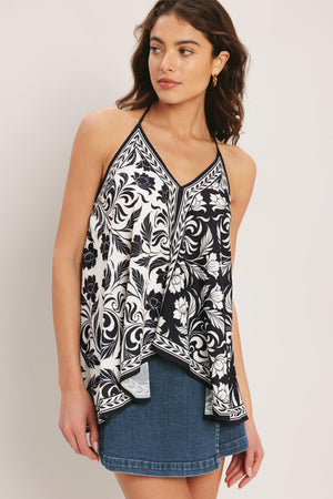 BLACK RIVIERA WOVEN SCARF TOP.