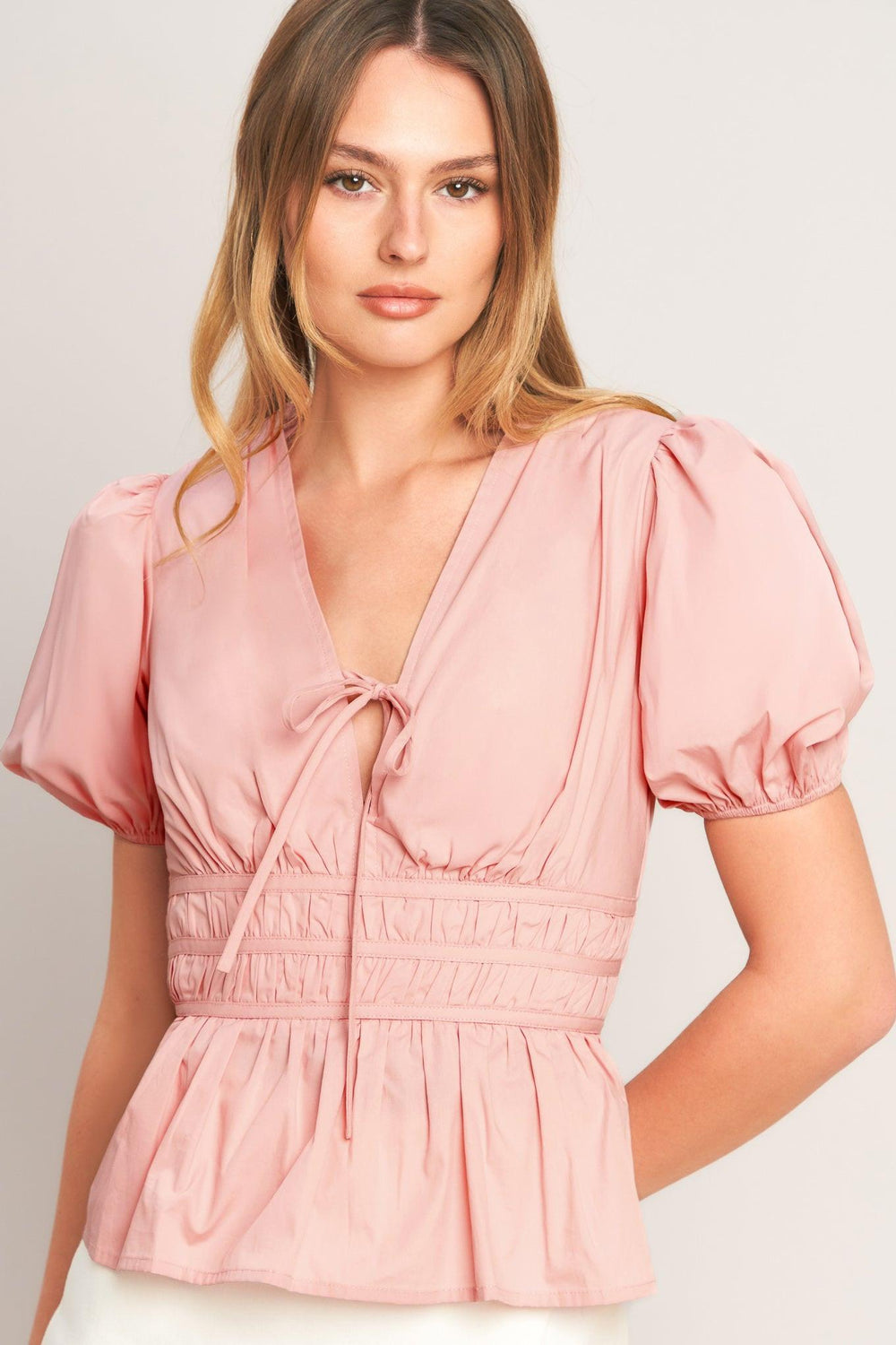LOVELY CHARM PINK WOVEN TOP.