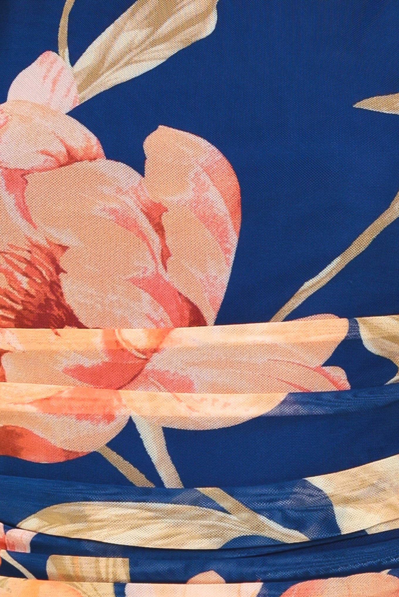 Close up of a navy blue with coral floral print power mesh tank top | Flying Tomato