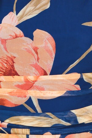 Close up of a navy blue with coral floral print power mesh tank top | Flying Tomato