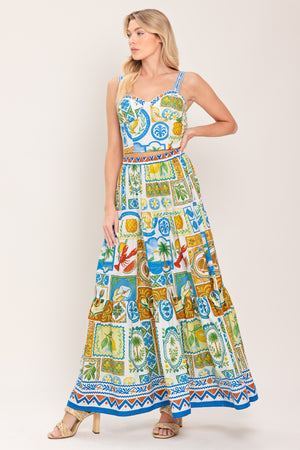 Woman wearing a printed bustier crop top with straps and smocked back bodice | Flying Tomato