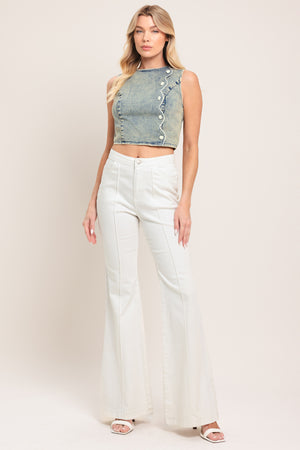 Woman wearing a denim crop top with button details denim crop top | Flying Tomato