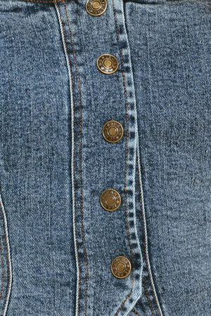 Woman wearing a denim button down crop top | Flying Tomato
