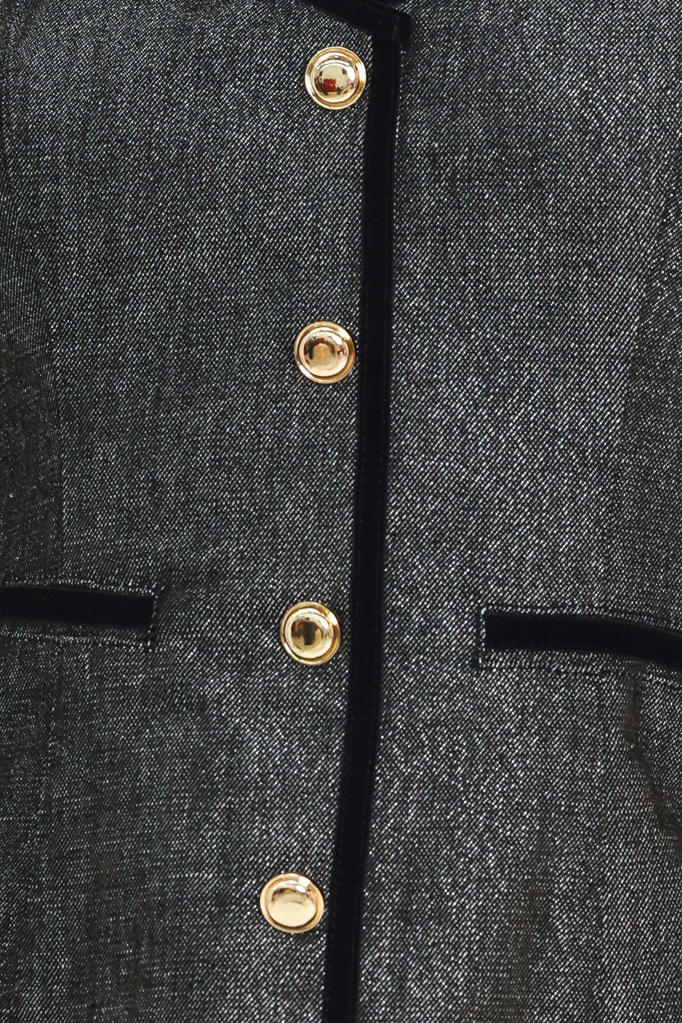 A woman modeling a structured black denim tweed camisole top with black trim and gold buttons | Flying Tomato