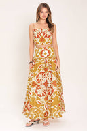Woman wearing a camel multicolor printed two-piece top and skirt set | Flying Tomato