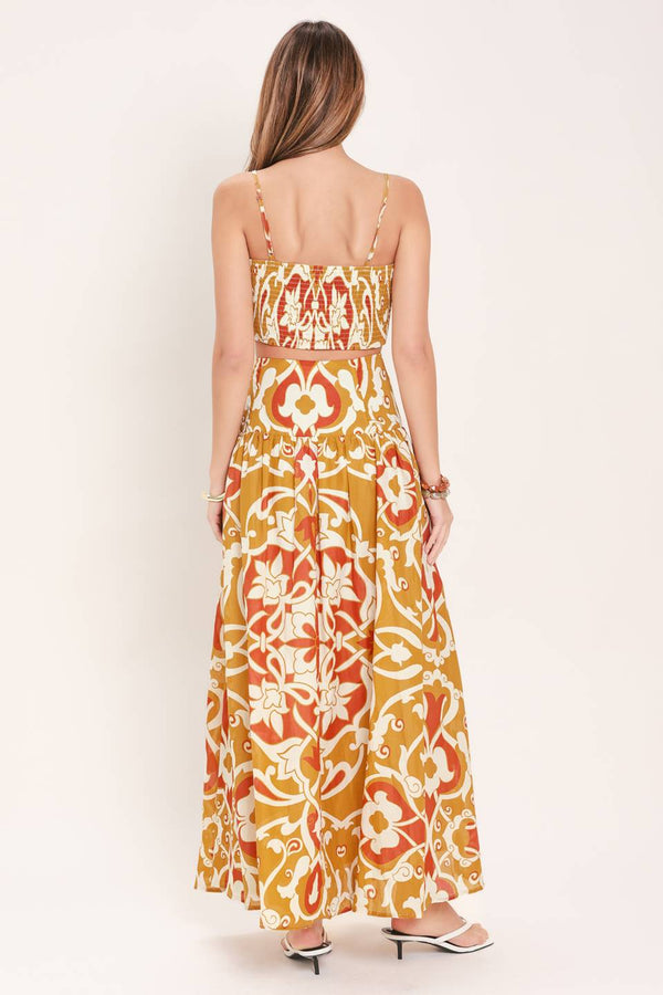 Woman wearing a camel multicolor printed two-piece top and skirt set | Flying Tomato