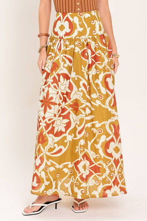Woman wearing a camel multicolor printed two-piece top and skirt set | Flying Tomato