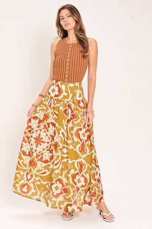Woman wearing a camel multicolor printed two-piece top and skirt set | Flying Tomato