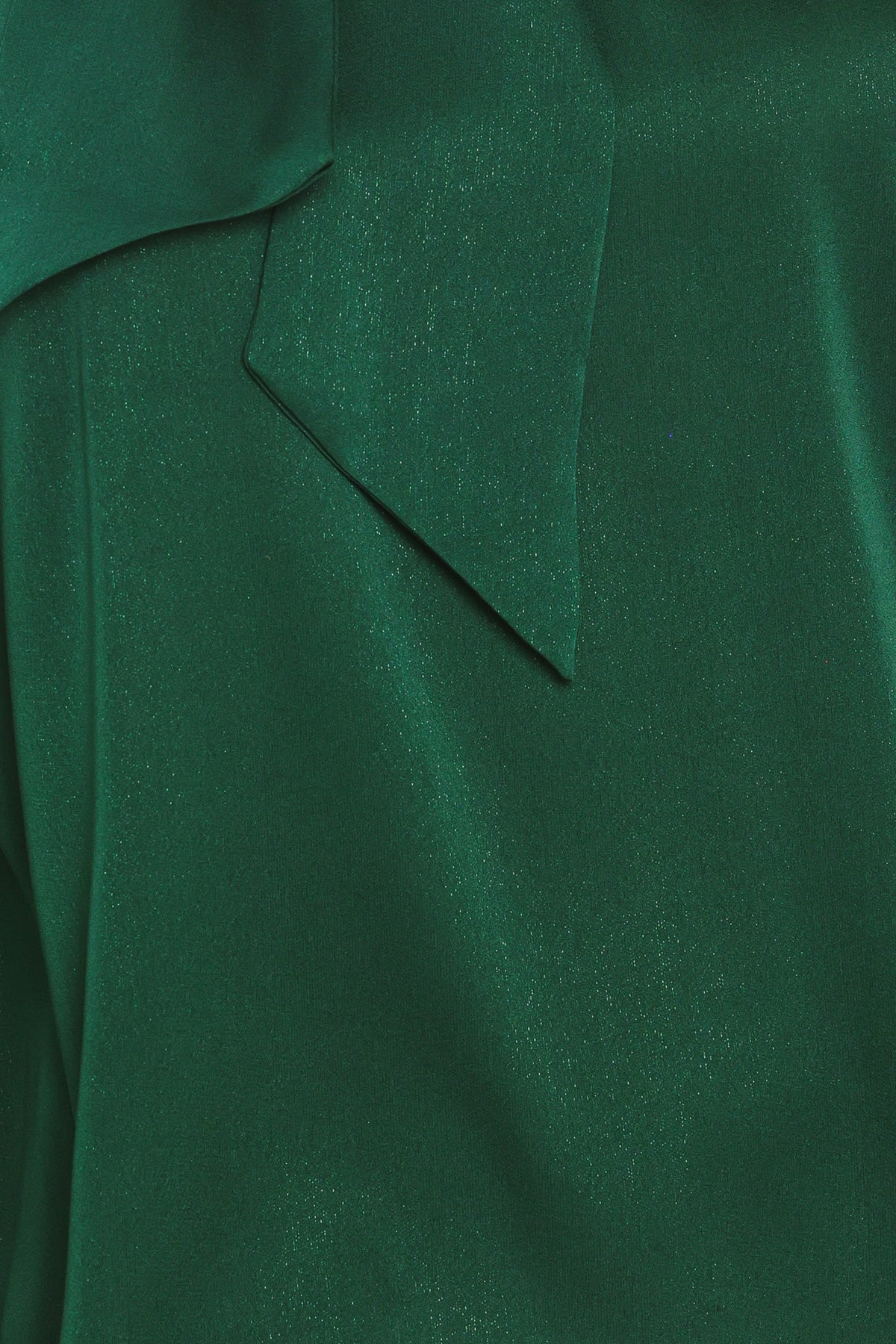 A woman wearing a dark hunter green satin blouse with a high neck, large bow at the collar, and gathered long sleeves with gold button accents | Flying Tomato