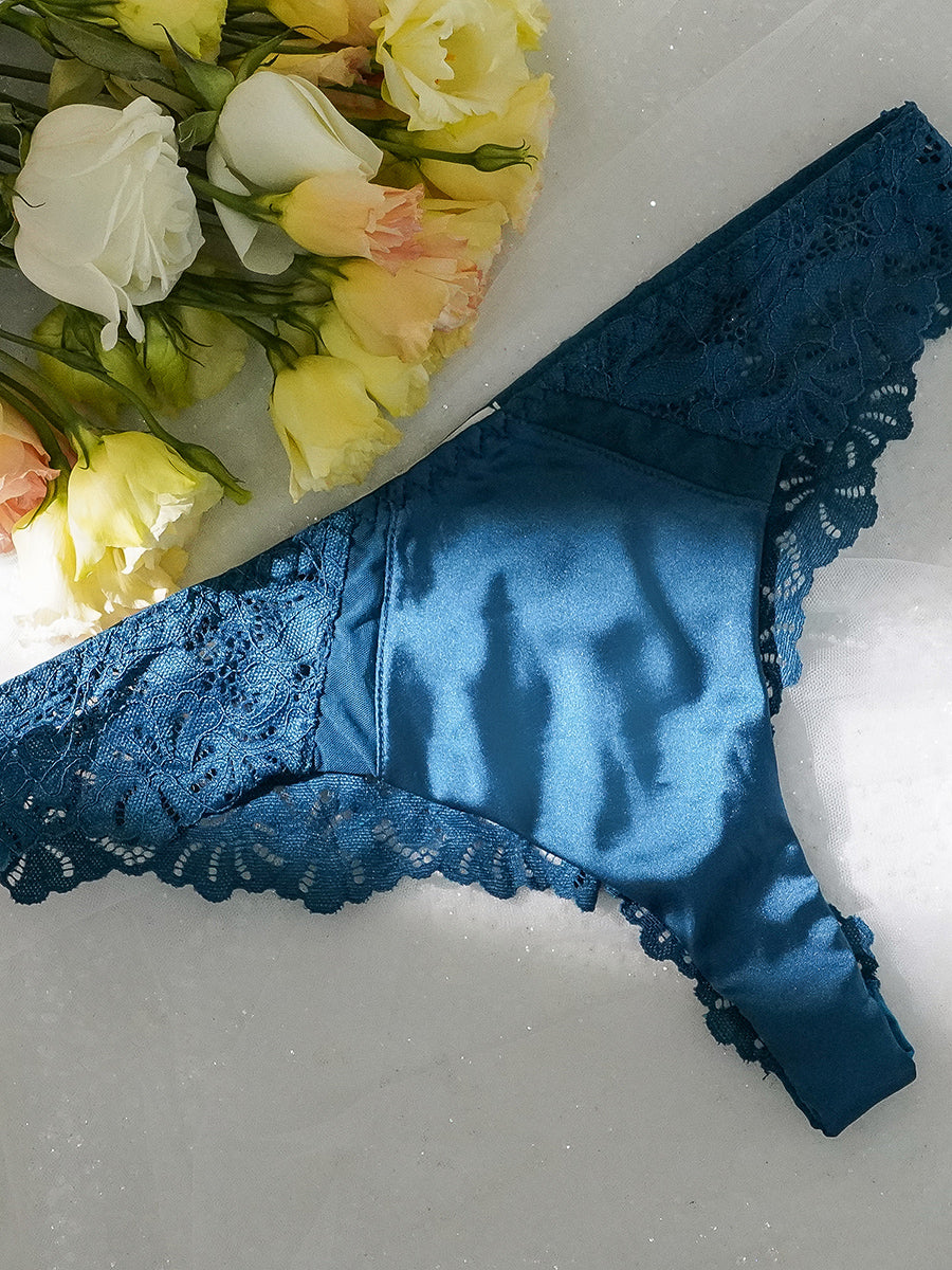 Blue  Lace Satin Mesh Push-Up Sexy Lingerie Set