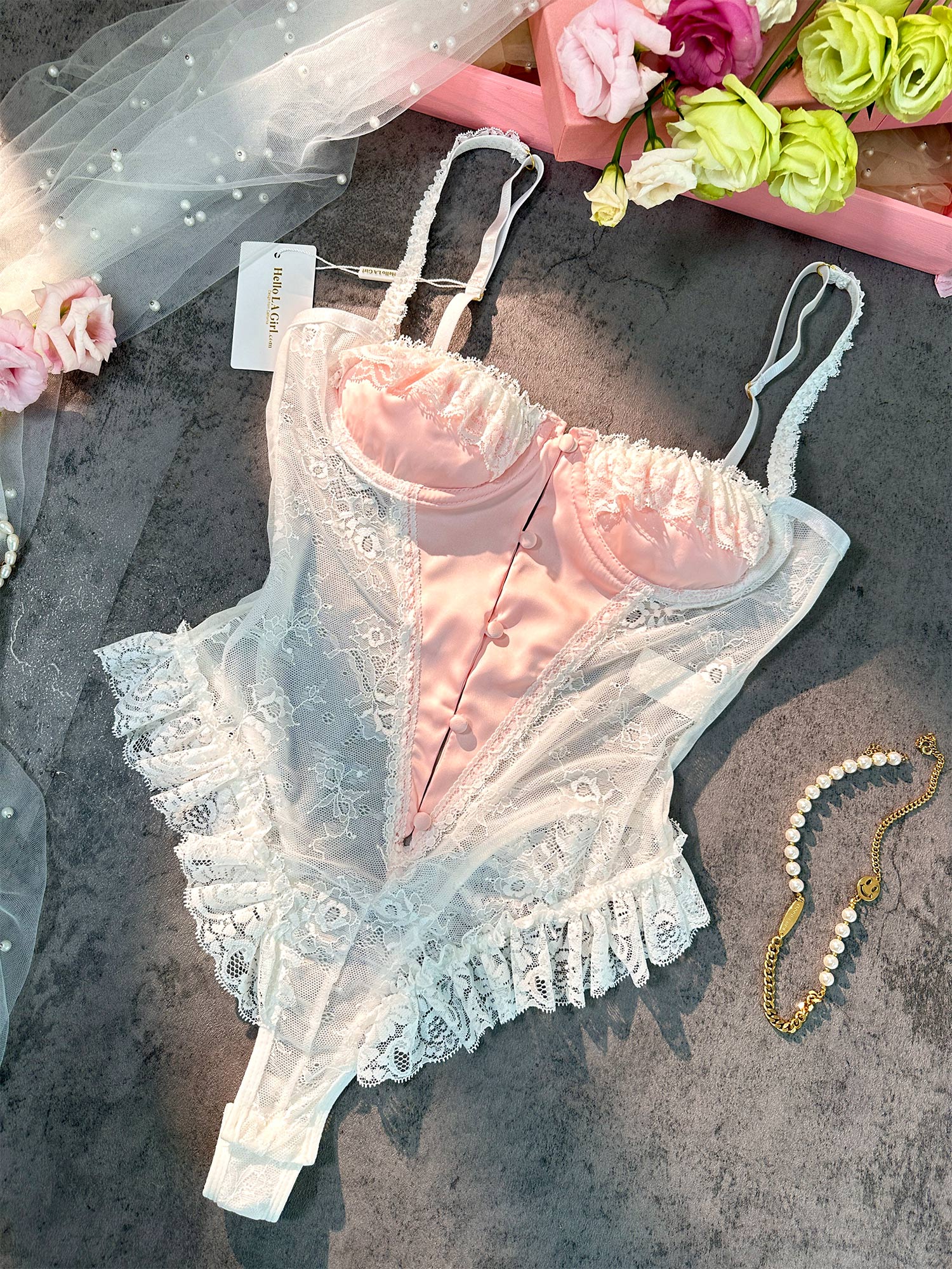 Pink&White Sexy Lace Bodysuit