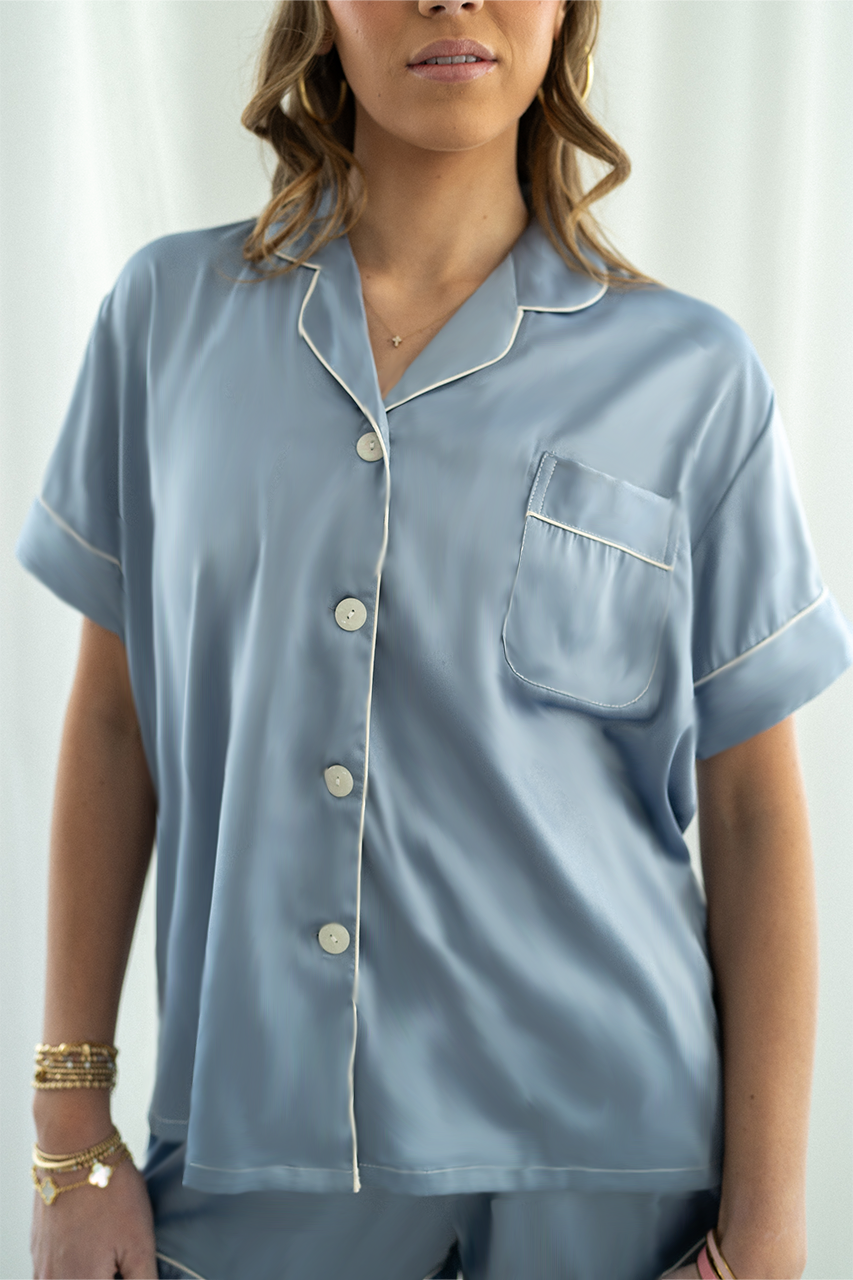 Baby Blue with White Trim Satin Pajamas