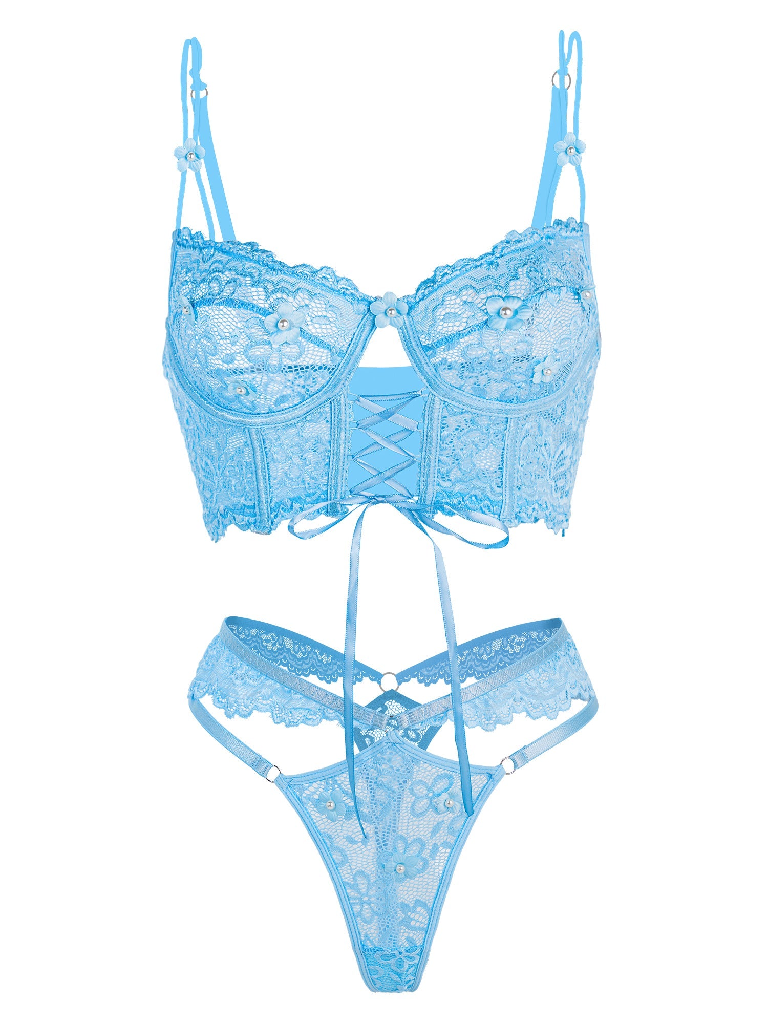 Blue Pearls Small Flower Lace Lingerie Set