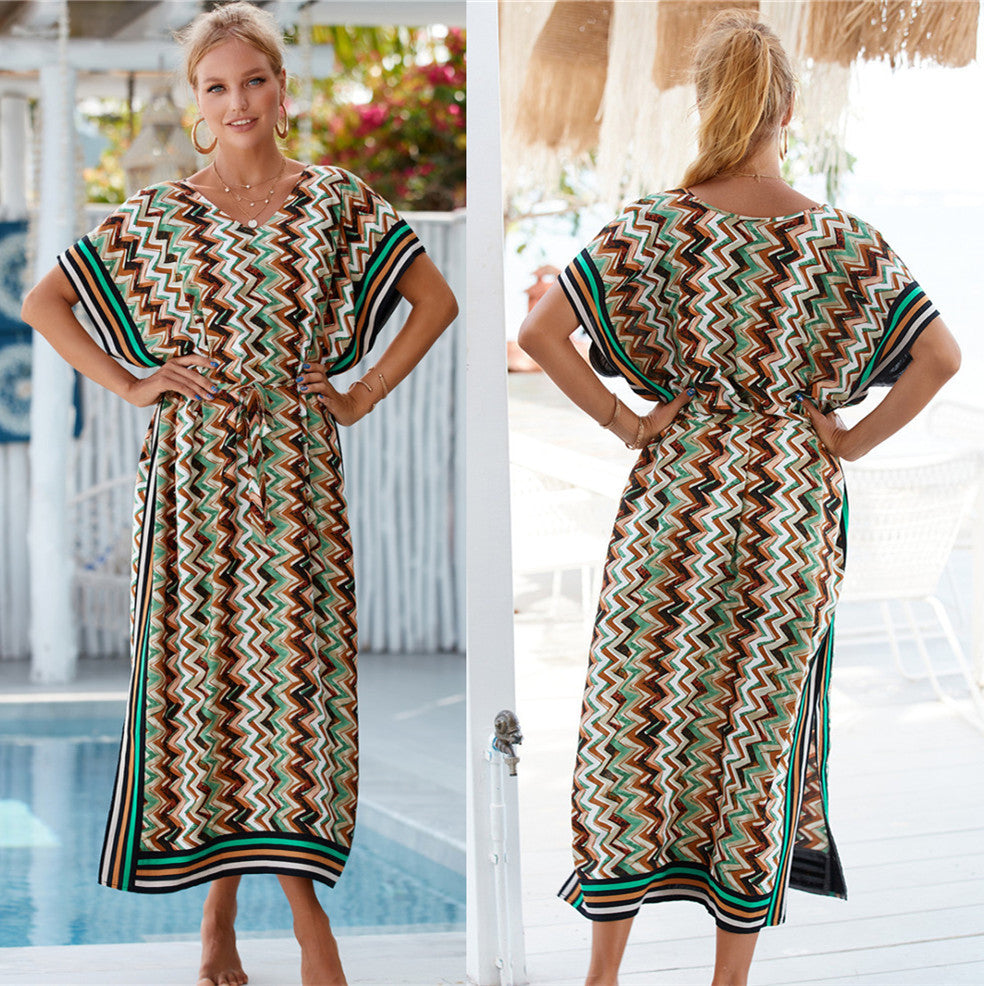 Rayon Wave Print Beach Cover-up Robe Vacation Sun Protection Shirt Bikini Cover