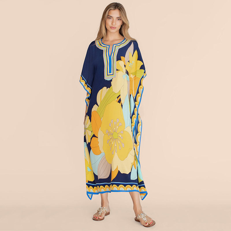 Printing Beach Cover Up Robe Vacation Skirt Maxi Dress Bikini Cover Up Women