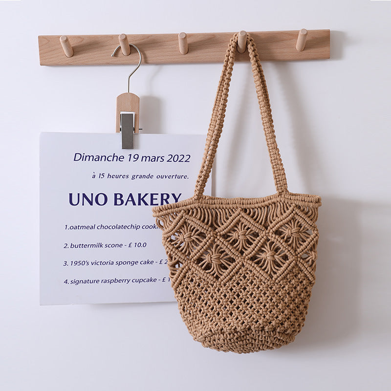 Artistic Simple Cotton Thread Shoulder Woven Bag Summer Niche Hollow Out Cutout Straw Bag Portable Women Bag Vacation Beach Bag