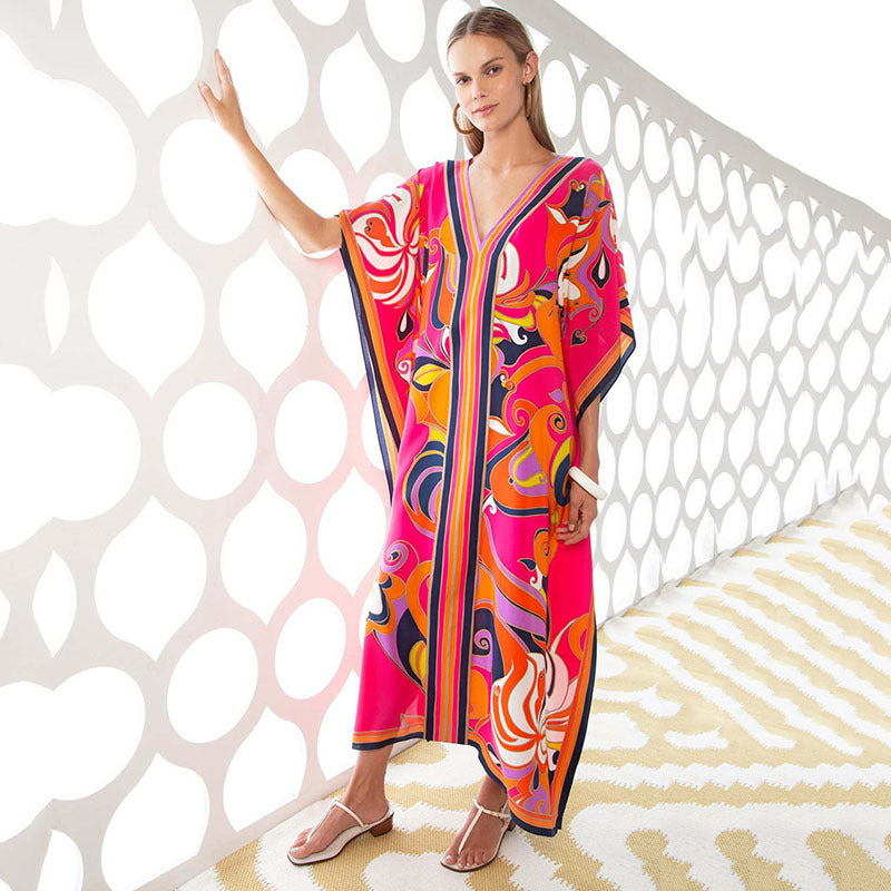 Printing Beach Cover Up Robe Vacation Skirt Maxi Dress Bikini Cover Up Women