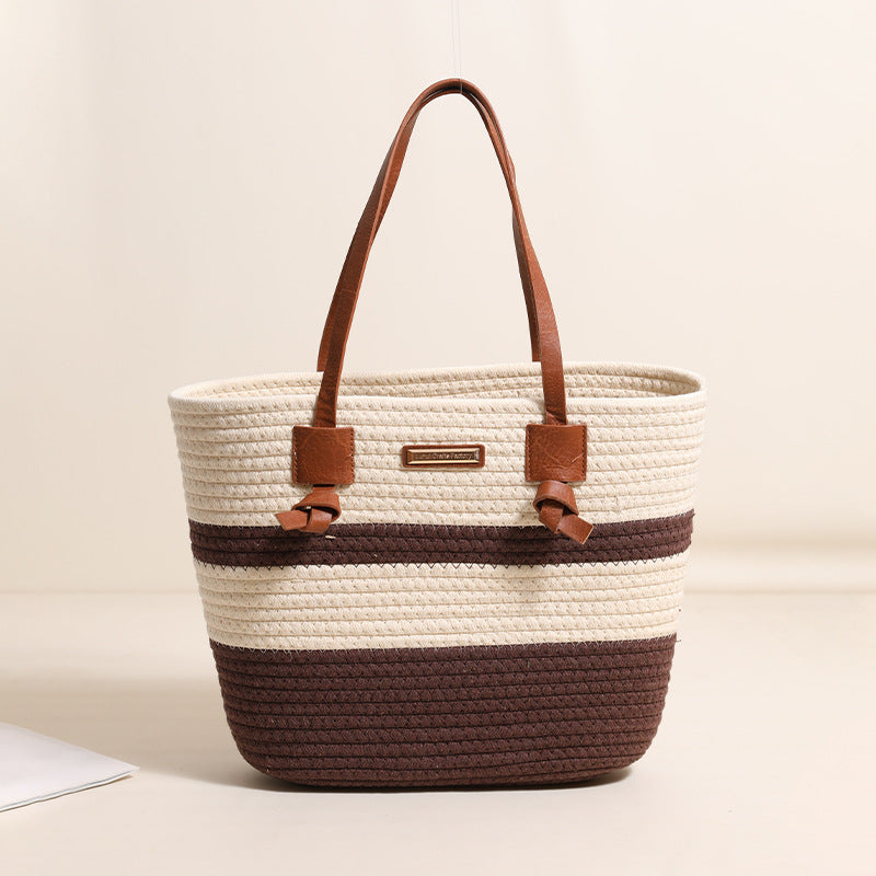 One Shoulder Cotton Thread Woven Bag Large Capacity Tote Straw Bag Vacation Beach Women Bag