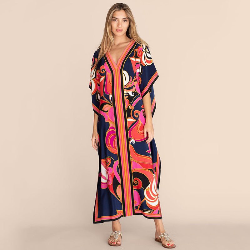 Printing Beach Cover Up Robe Vacation Skirt Maxi Dress Bikini Cover Up Women