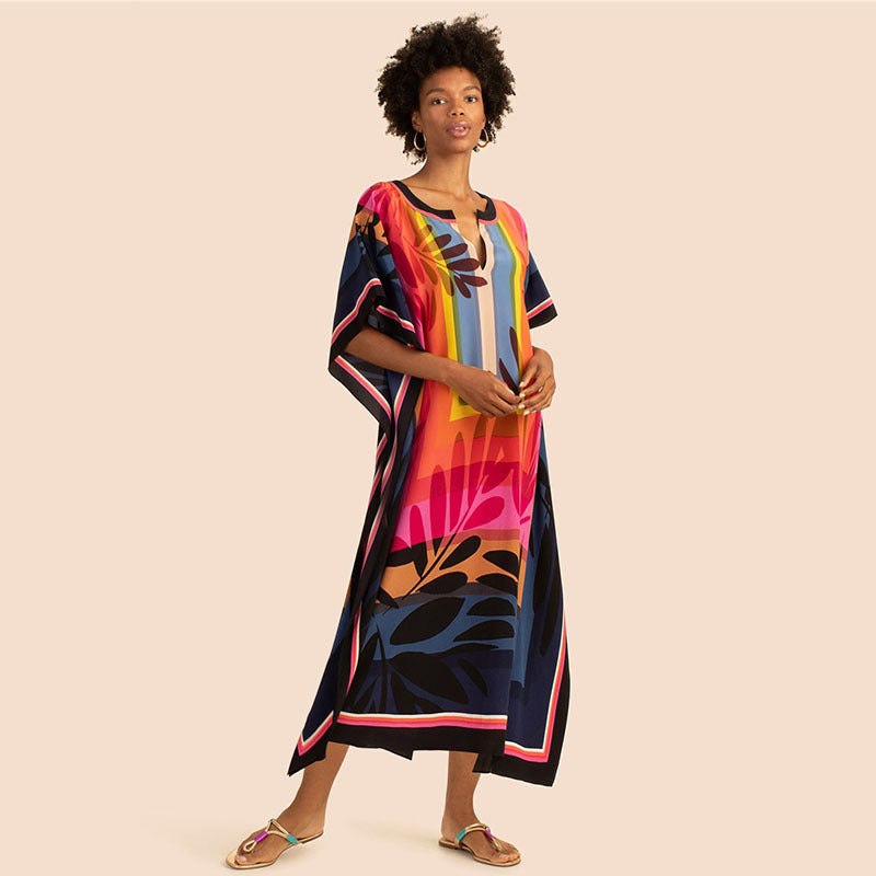 Printing Beach Cover Up Robe Vacation Skirt Maxi Dress Bikini Cover Up Women