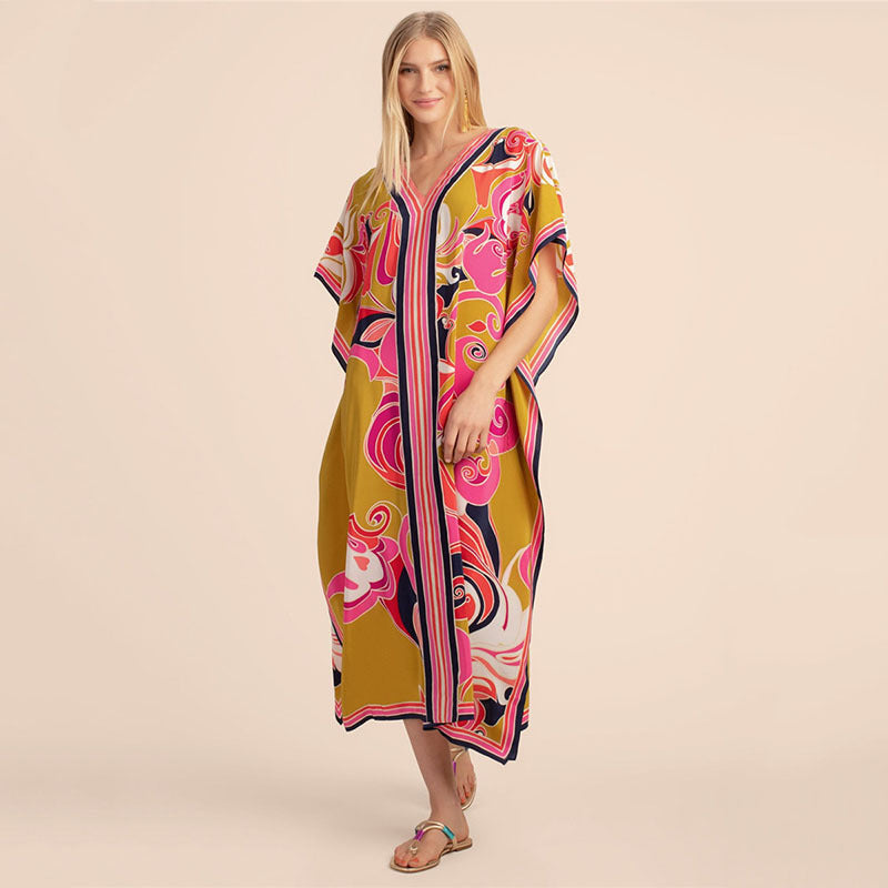 Printing Beach Cover Up Robe Vacation Skirt Maxi Dress Bikini Cover Up Women