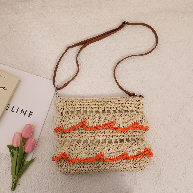 Crossbody Lace Straw Bag Ruffled Summer Color Straw Bag Woven Bag Seaside Beach Vacation Bag