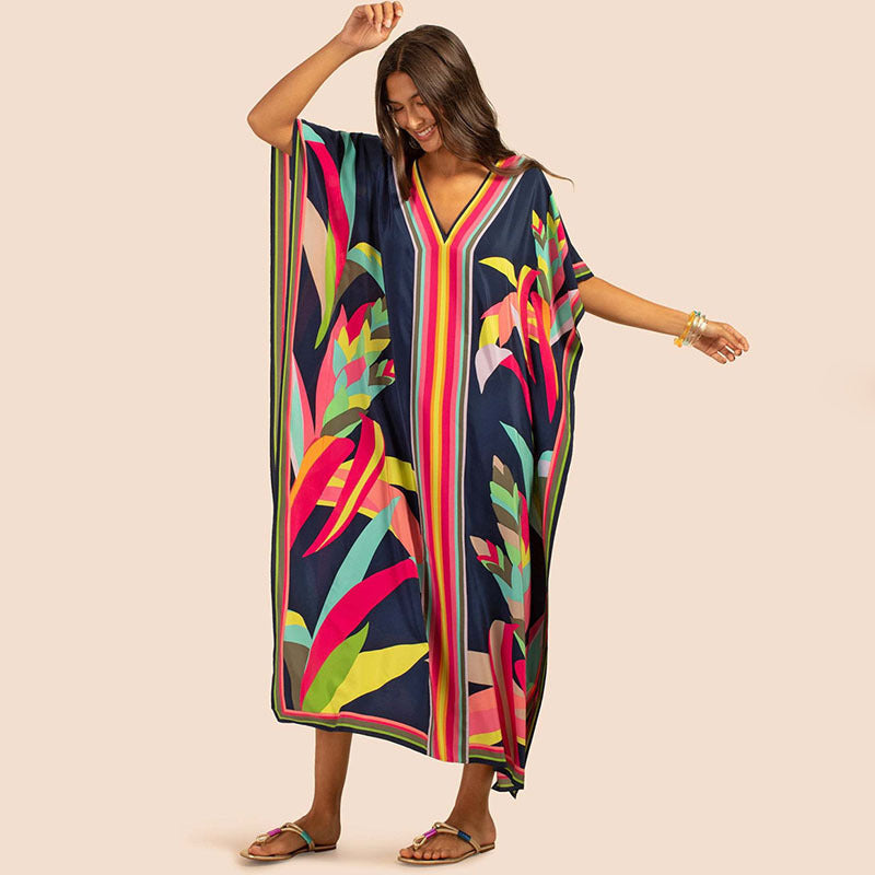 Printing Beach Cover Up Robe Vacation Skirt Maxi Dress Bikini Cover Up Women