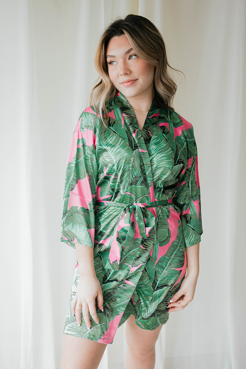 Pink Banana Leaf Satin Robe