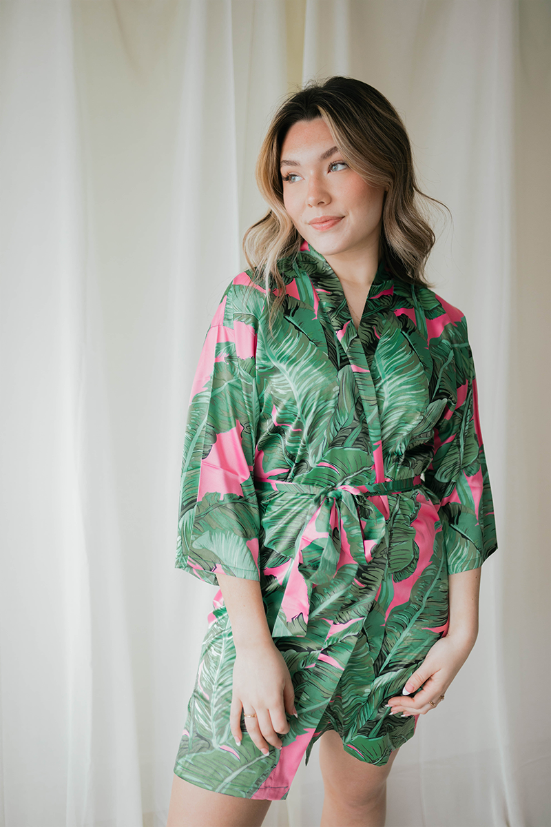 Pink Banana Leaf Satin Robe