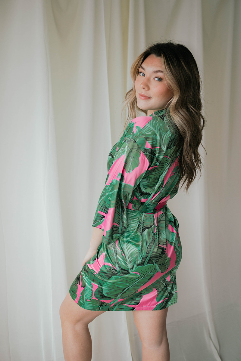 Pink Banana Leaf Satin Robe