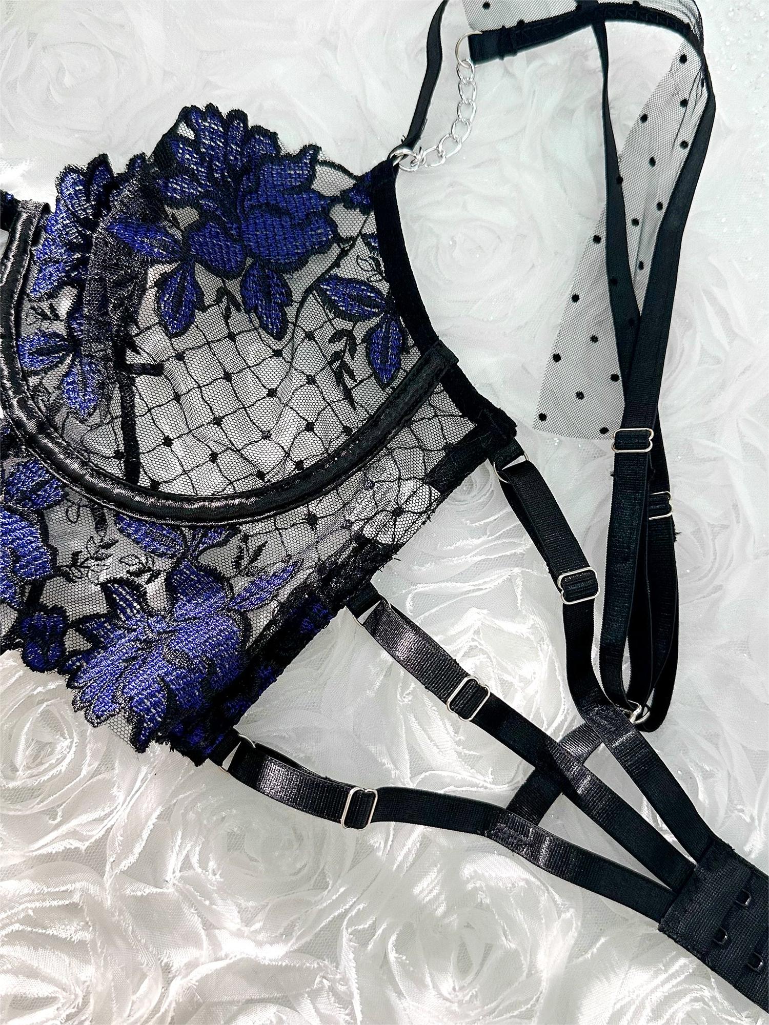 Black&Blue Lace Tie Adjustable Sculpting Body Lingerie Set