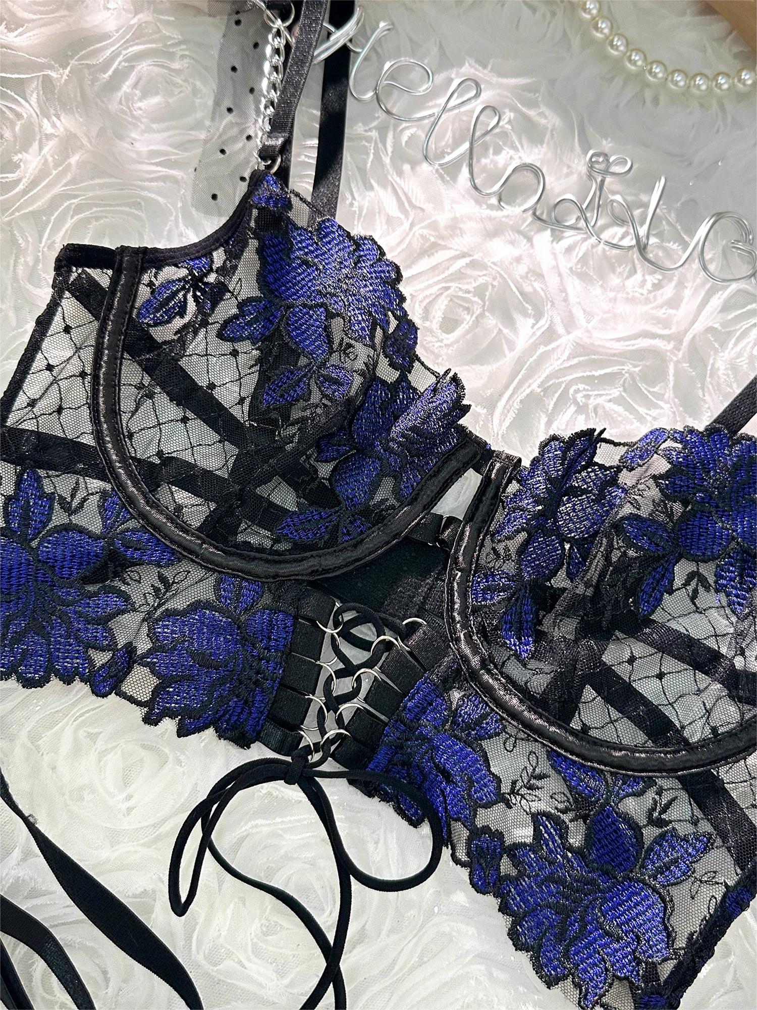 Black&Blue Lace Tie Adjustable Sculpting Body Lingerie Set