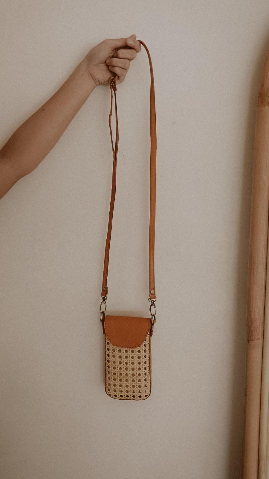 Nia Leather and Rattan Phone Sling.