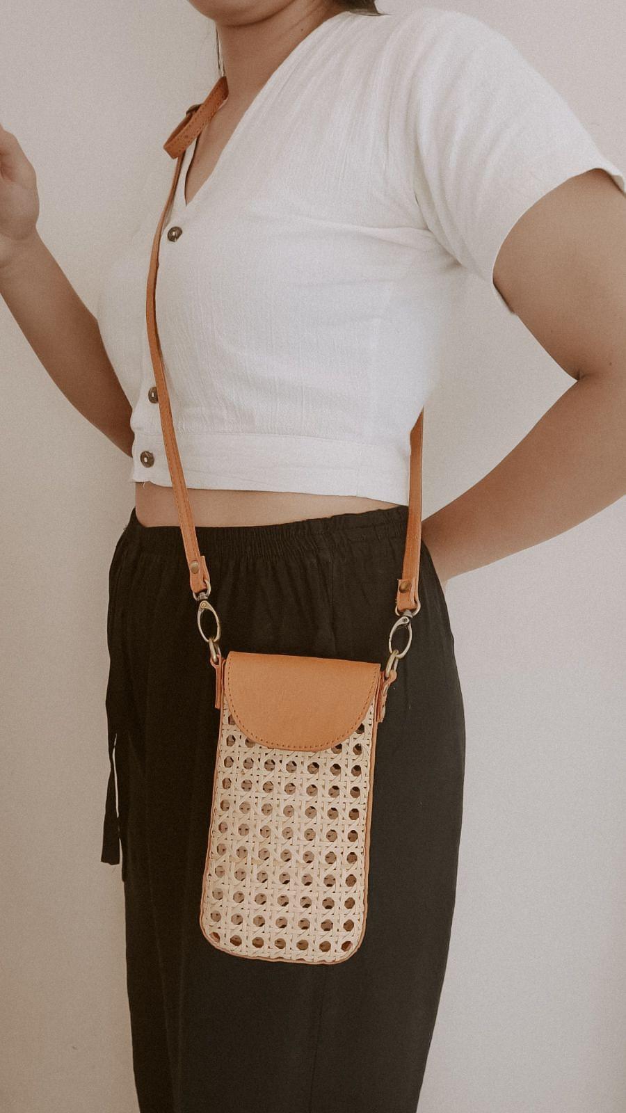 Nia Leather and Rattan Phone Sling.