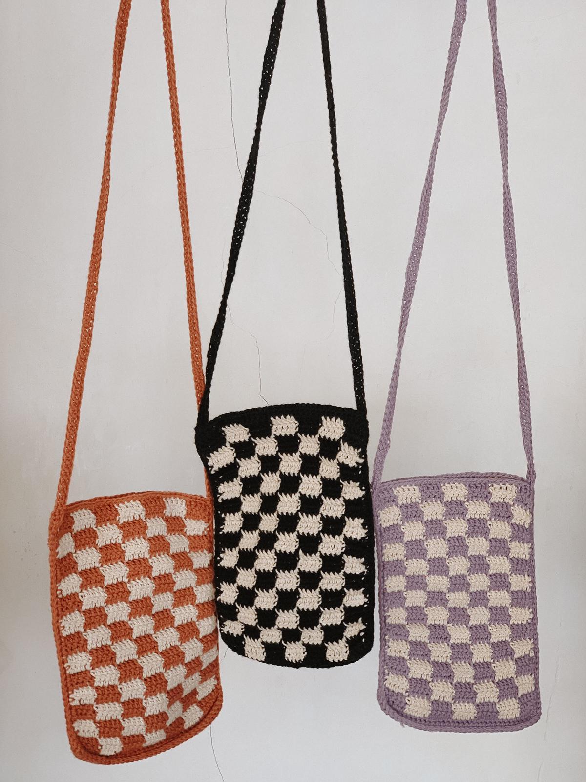 Checkered Crochet Phone Sling Bag.