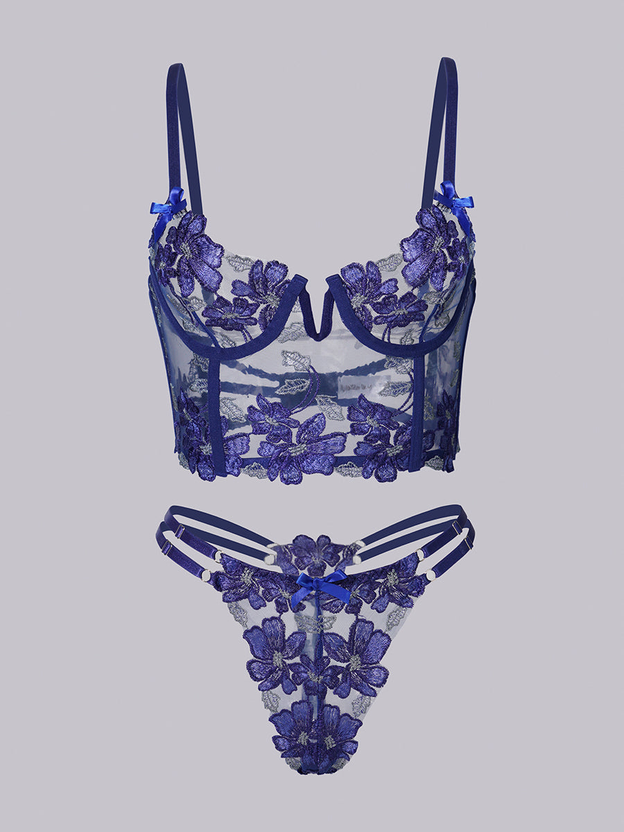 Blue Floral Embroidery Bustier Straps Lingerie Set