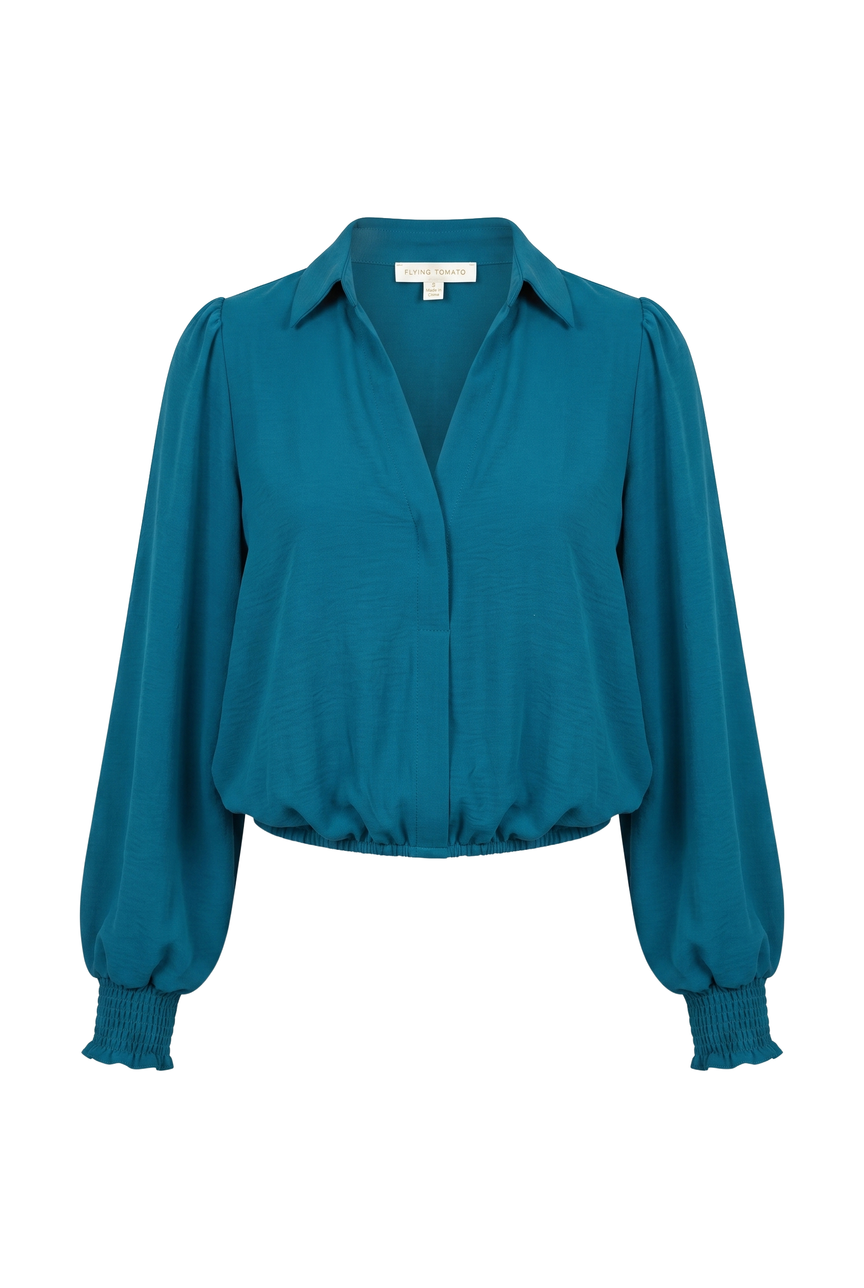 A teal blue long-sleeve blouse with a pointed collar, button-front closure, and gathered elastic cuffs, shown on a plain white background.