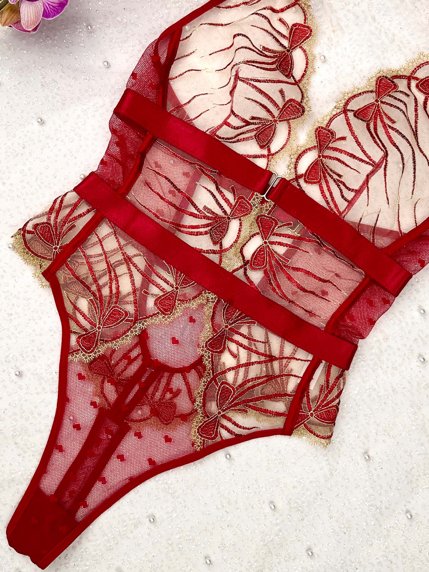 Festive Burgundy Bow Lace Bodysuit