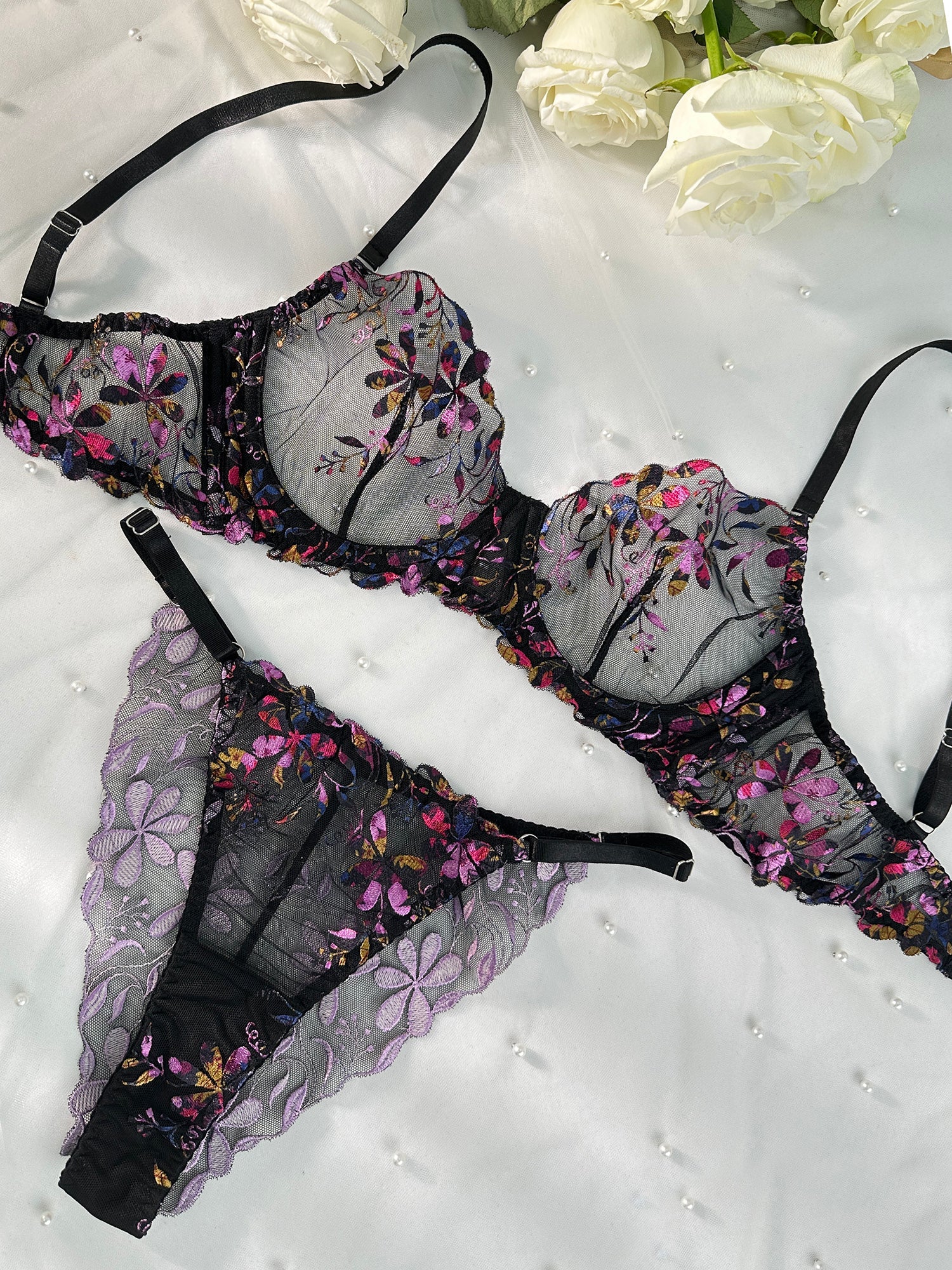 Midnight Blossom Lace Embroidered Lingerie Set