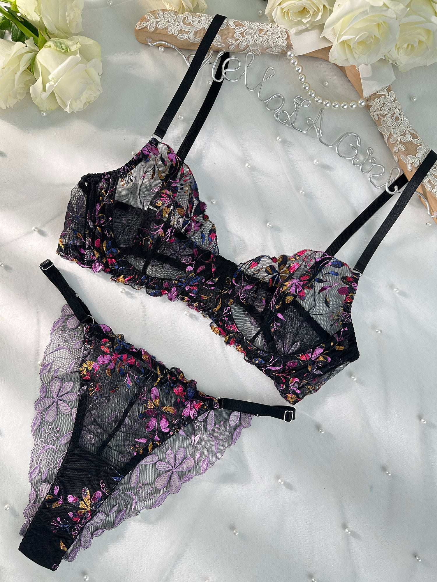 Midnight Blossom Lace Embroidered Lingerie Set