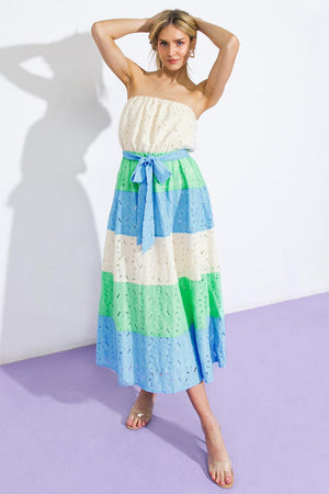 TAKE ME TO CABO WOVEN MIDI DRESS.