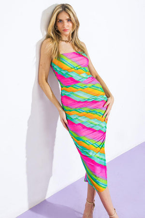 DESIRABLE DESTINATIONS MESH MIDI DRESS.