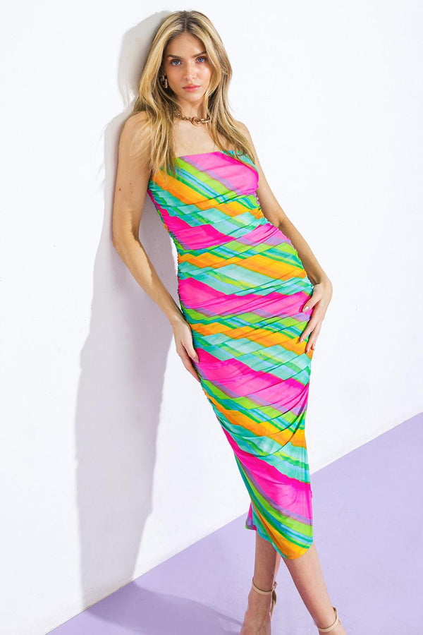 DESIRABLE DESTINATIONS MESH MIDI DRESS.