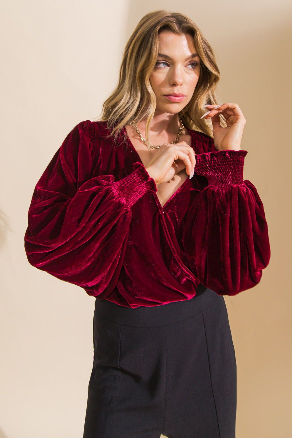 Velvet Surplice Knit Top Red