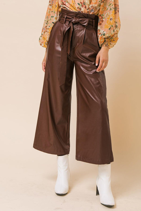 SHINING BRILLIANCE LEATHER WIDE LEG PANTS.