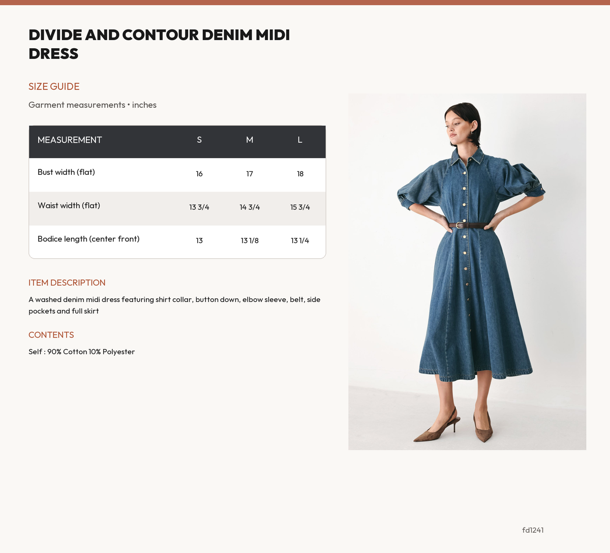 DIVIDE AND CONTOUR DENIM MIDI DRESS size chart