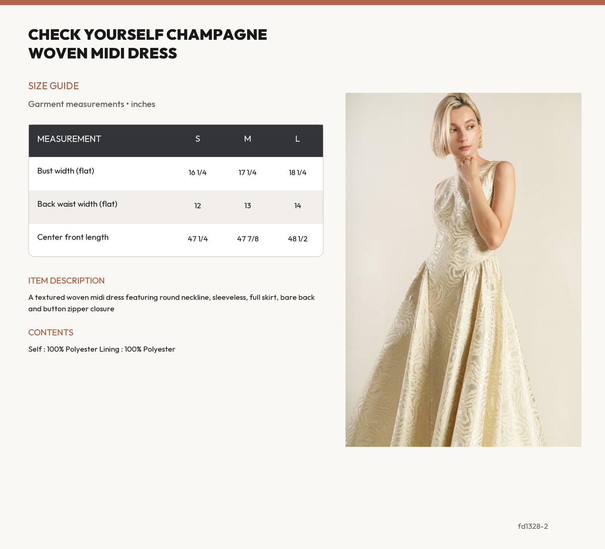 CHECK YOURSELF CHAMPAGNE WOVEN MIDI DRESS size chart