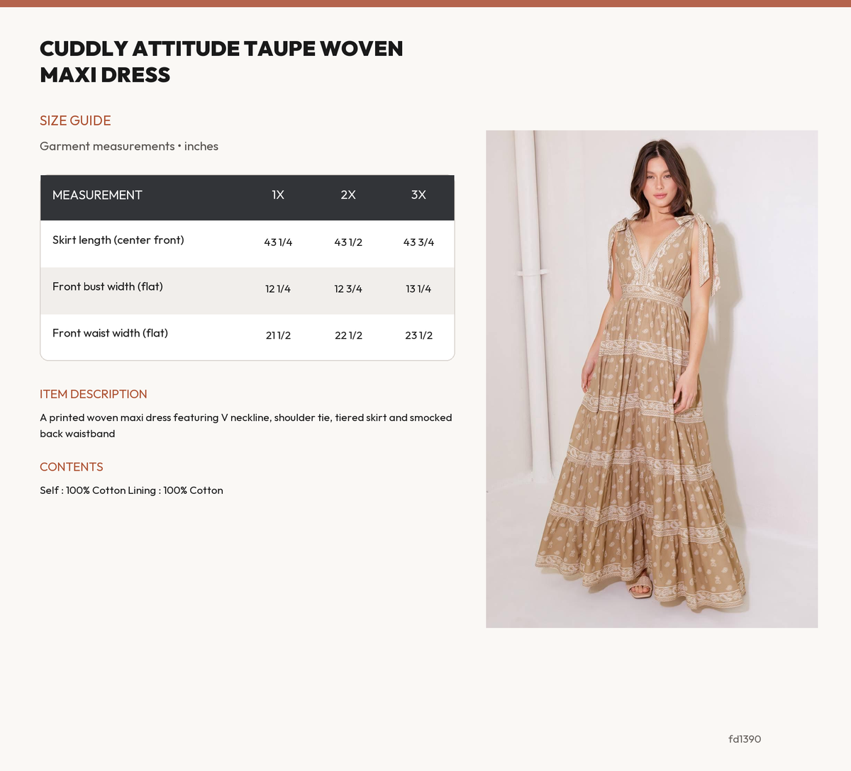 CUDDLY ATTITUDE TAUPE WOVEN MAXI DRESS size chart
