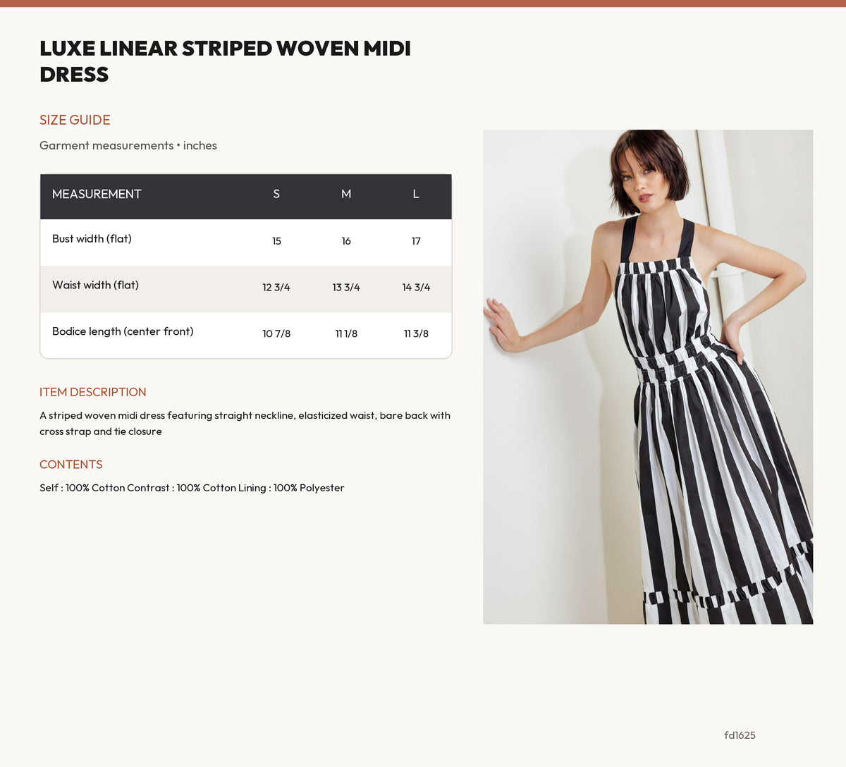 LUXE LINEAR STRIPED WOVEN MIDI DRESS size chart