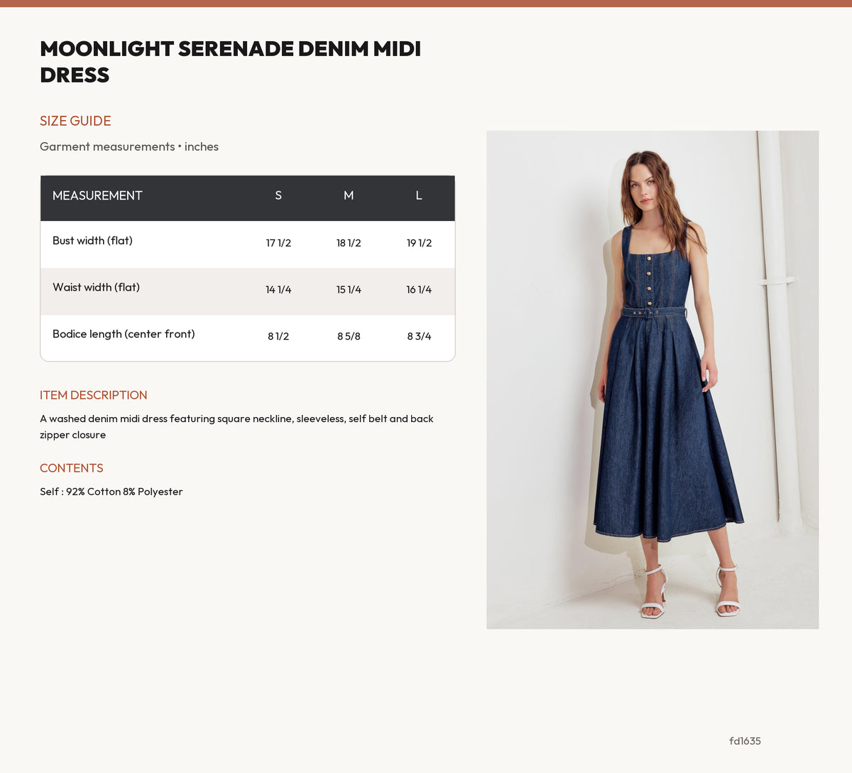 MOONLIGHT SERENADE DENIM MIDI DRESS size chart